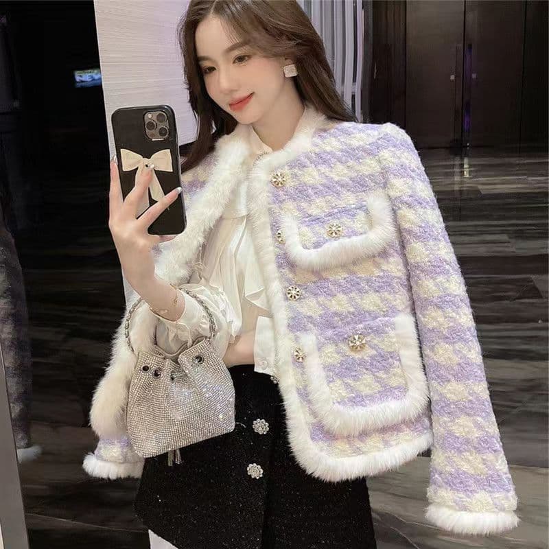 새로운 체크무늬 작은 샤넬 스타일 여성 코트 신선함 패션 바이올렛 명문 여성 두꺼운 솜을 넣은 모직 면 의류 긴팔 이미지 4