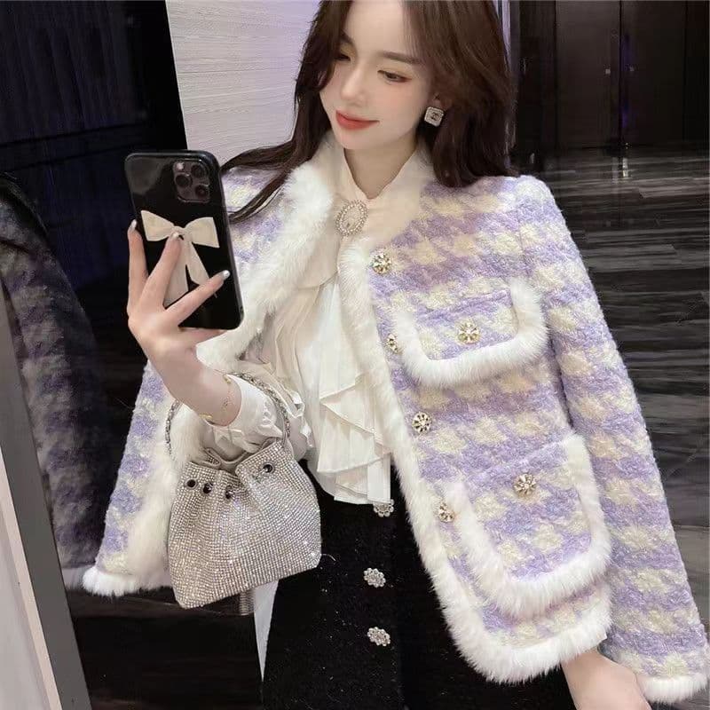 새로운 체크무늬 작은 샤넬 스타일 여성 코트 신선함 패션 바이올렛 명문 여성 두꺼운 솜을 넣은 모직 면 의류 긴팔 상세 이미지 2