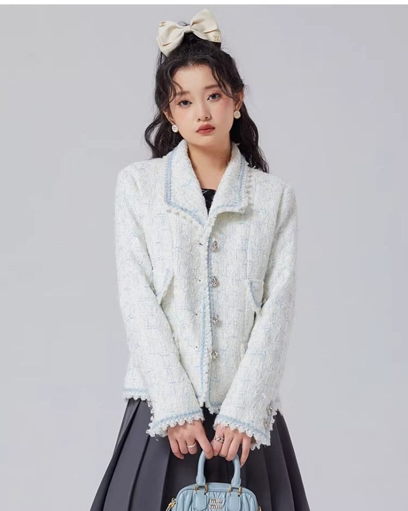 프랑스식 작은 샤넬 스타일 트위드 쇼트 스타일 밝은색 작은 청신 가을 겨울 폴로 칼라 화이트 덕 다운 보온 패션 재킷 이미지 3