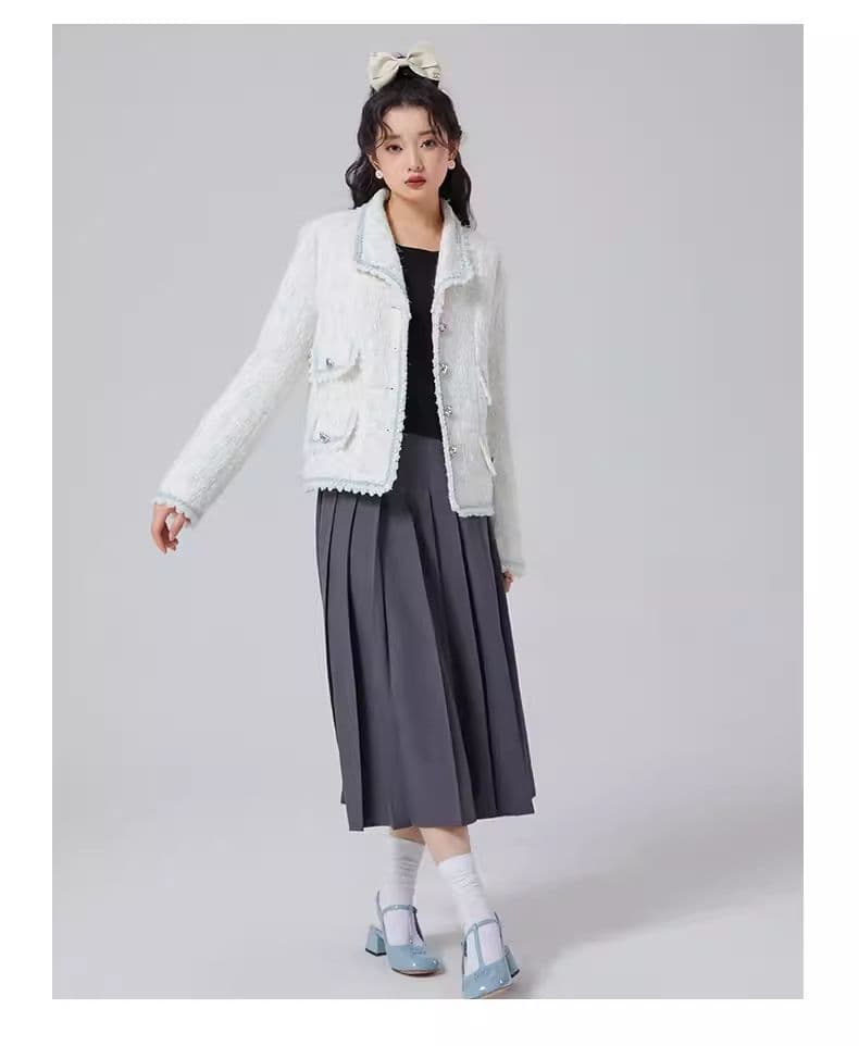 프랑스식 작은 샤넬 스타일 트위드 쇼트 스타일 밝은색 작은 청신 가을 겨울 폴로 칼라 화이트 덕 다운 보온 패션 재킷 상세 이미지 11