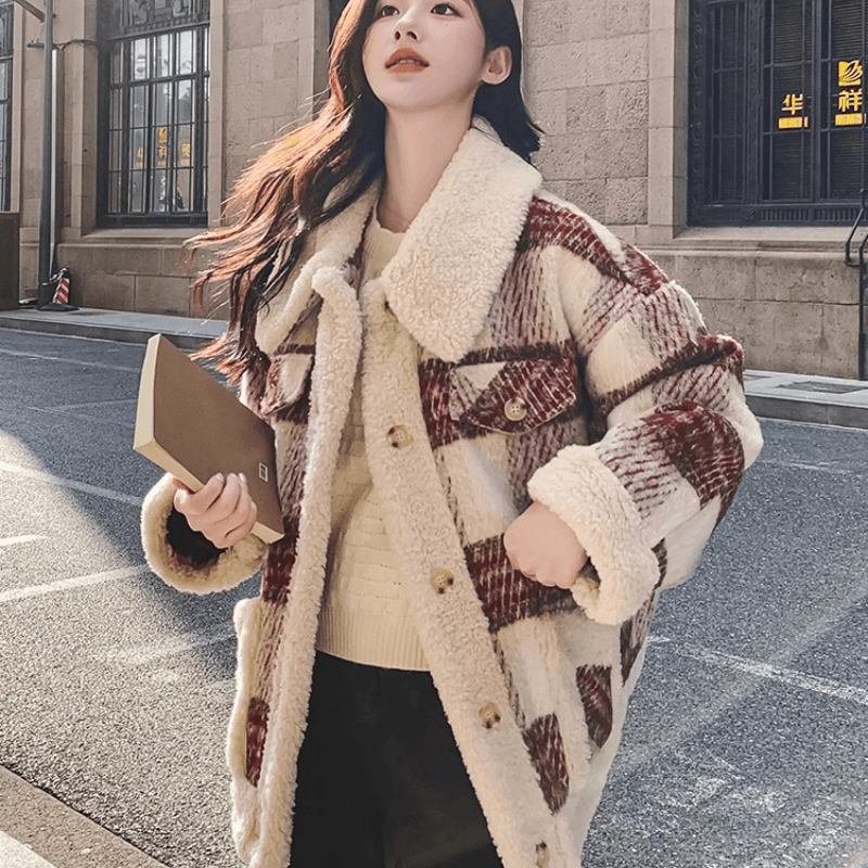 한 부서 레트로 체크무늬 양털 여성 코트 작은 키 2026 겨울 새로운 두꺼운 연령 감소 영국식 바람 면 의류 이미지 3