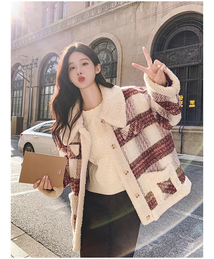 한 부서 레트로 체크무늬 양털 여성 코트 작은 키 2026 겨울 새로운 두꺼운 연령 감소 영국식 바람 면 의류 상세 이미지 7