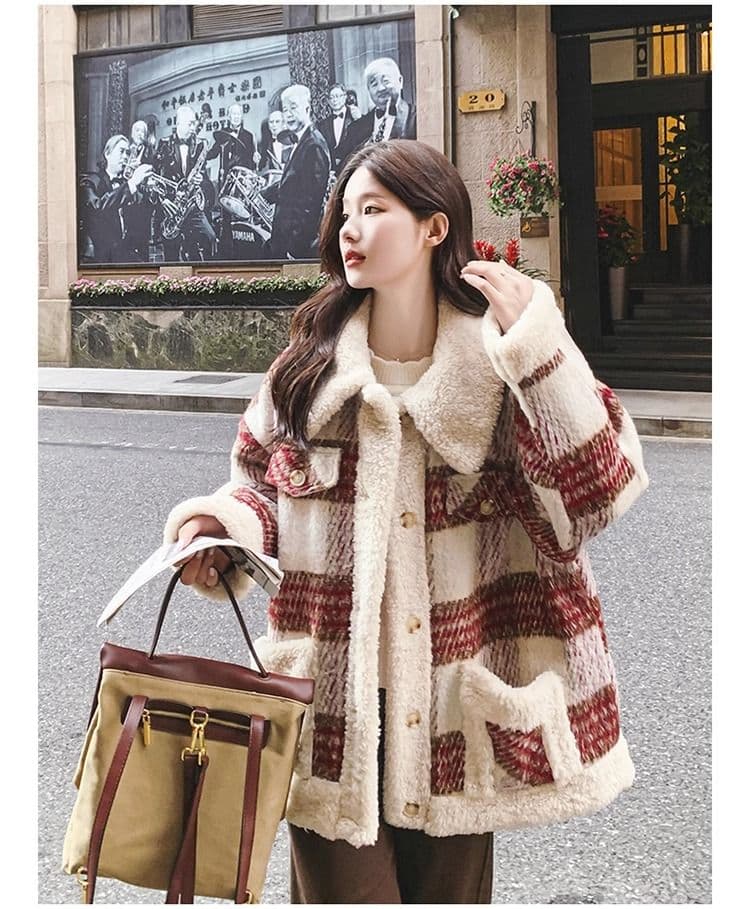 한 부서 레트로 체크무늬 양털 여성 코트 작은 키 2026 겨울 새로운 두꺼운 연령 감소 영국식 바람 면 의류 상세 이미지 19