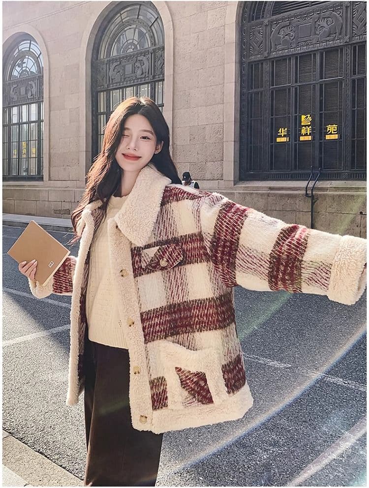 한 부서 레트로 체크무늬 양털 여성 코트 작은 키 2026 겨울 새로운 두꺼운 연령 감소 영국식 바람 면 의류 상세 이미지 20