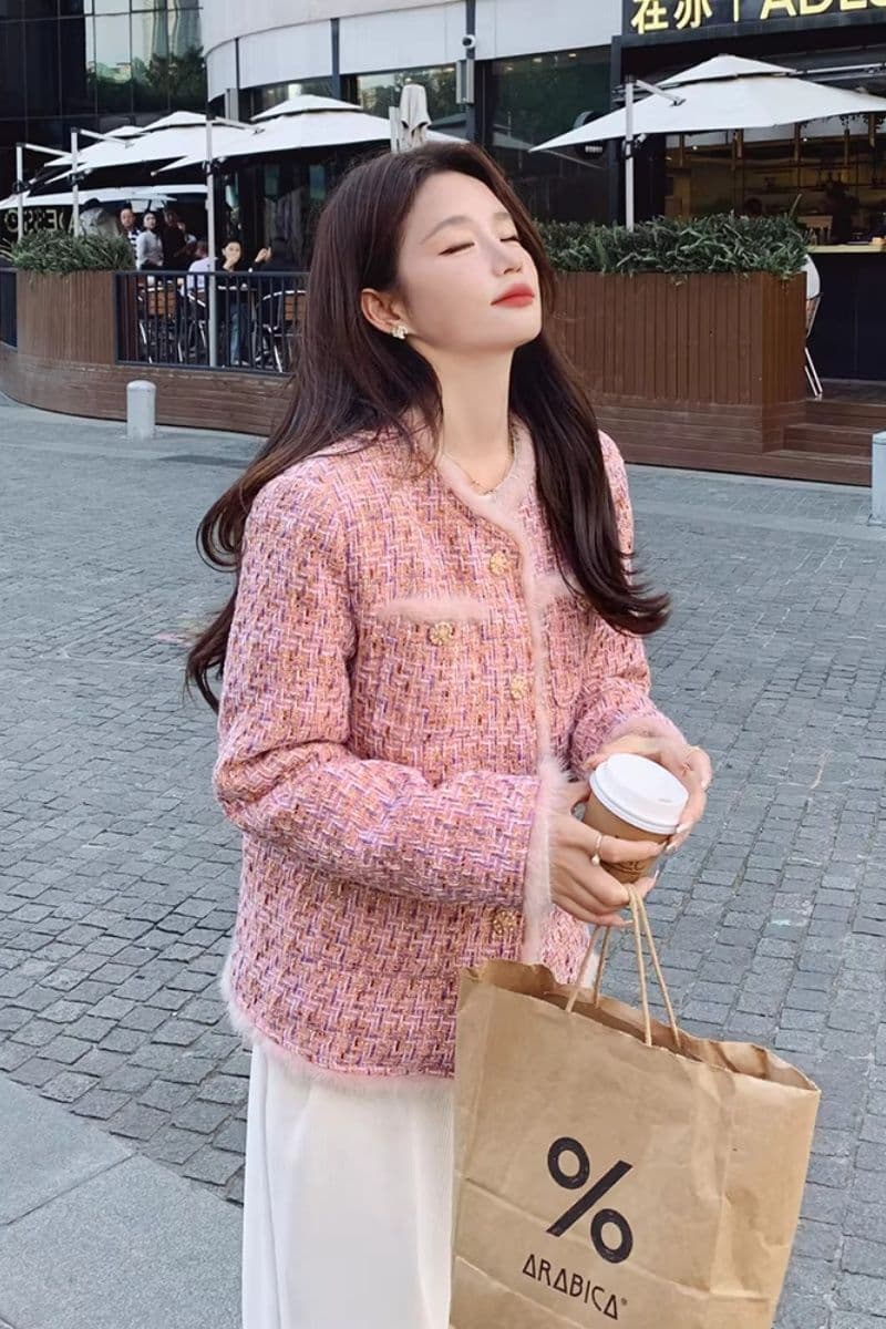 핑크색 작은 샤넬 스타일 두꺼움 여성 코트 가을 겨울 2026 새로운 폭발 고급 절묘한 여성 쇼트 스타일 내피 면 의류