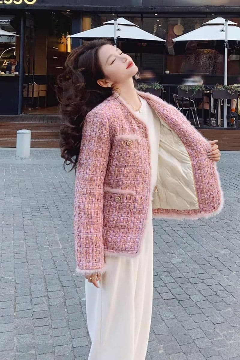 핑크색 작은 샤넬 스타일 두꺼움 여성 코트 가을 겨울 2026 새로운 폭발 고급 절묘한 여성 쇼트 스타일 내피 면 의류 이미지 4