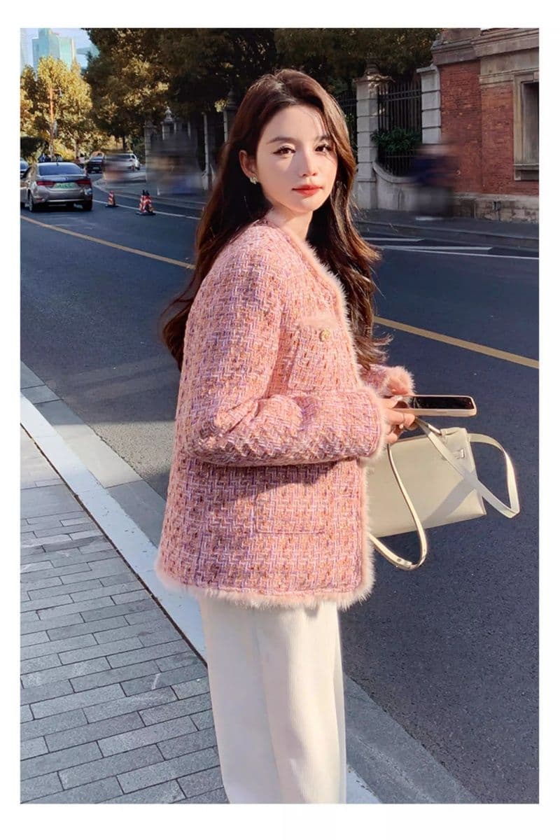 핑크색 작은 샤넬 스타일 두꺼움 여성 코트 가을 겨울 2026 새로운 폭발 고급 절묘한 여성 쇼트 스타일 내피 면 의류 상세 이미지 5