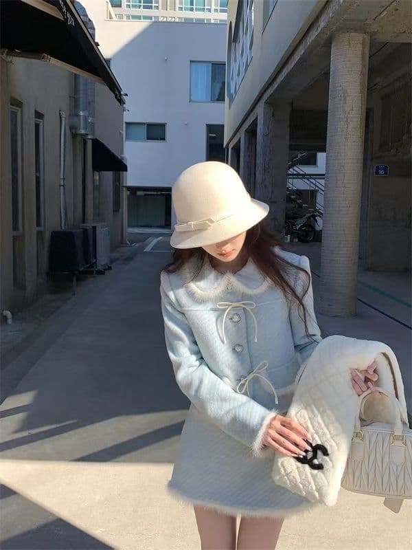 겨울 새로운 달콤함 연령 감소 베이비 칼라 작은 샤넬 스타일 보온 모직 외투 하이웨이스트 반신 스커트 투피스 슈트 여성 이미지 3