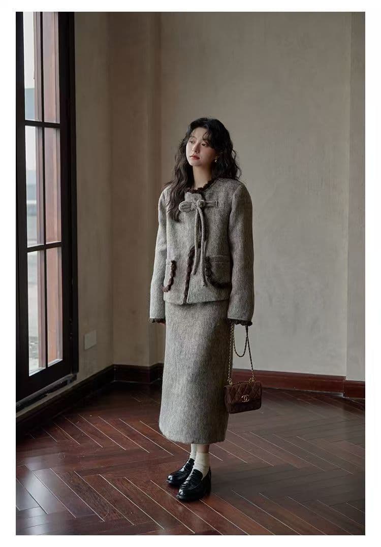 2026 새로운 겨울 작은 샤넬 스타일 회색 작은 키 프랑스식 패션 재킷 반신 스커트 루즈핏 다용도 세트 여성 상세 이미지 11