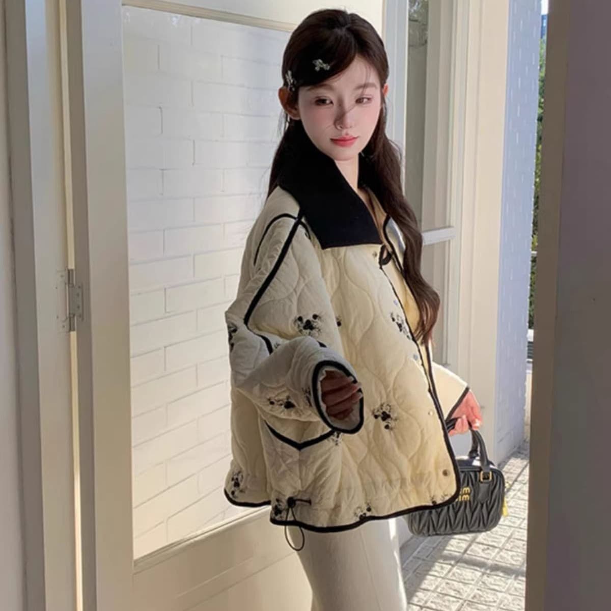 겨울 루즈핏 다용도 면 옷 작은 샤넬 스타일 두꺼운 보온 면 의류 고급 센스 프랑스식 프린트 경량 다용도 여성 이미지 5