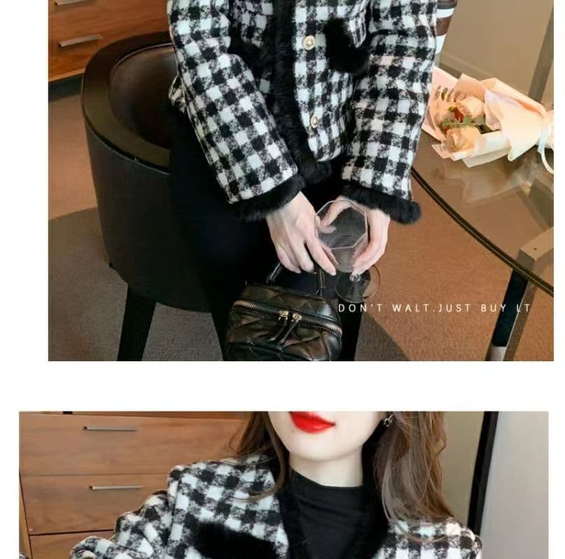 작은 샤넬 스타일 모직물 여성 코트 겨울 새로운 털이 있고 두꺼운 보온 맨위 쇼트 스타일 거친 가장자리 수천 마리 체크무늬 코트 상세 이미지 19
