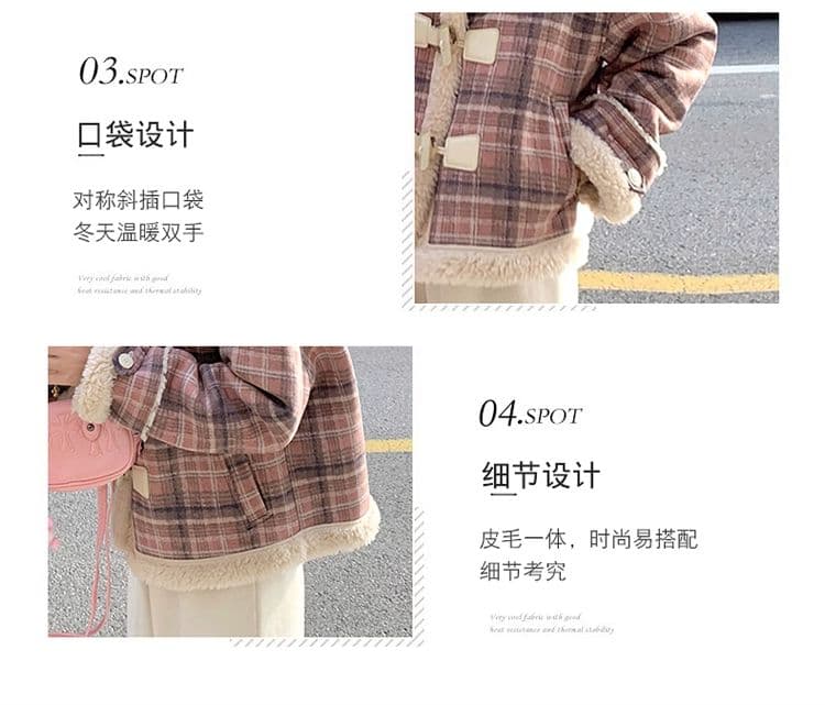 체크무늬 피모 하나 양털 플리스 재킷 여성 짧은 겨울 2026 새로운 폭발 작은 키 양털 면 의류 상세 이미지 8