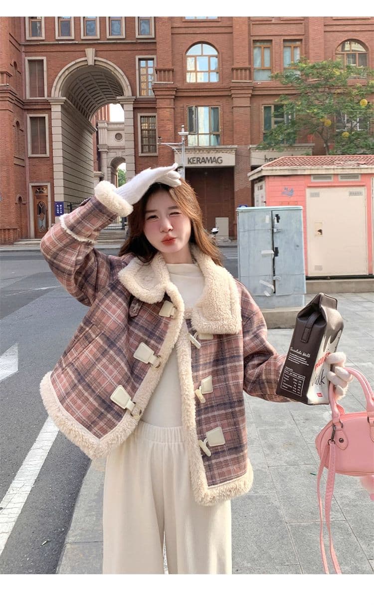 체크무늬 피모 하나 양털 플리스 재킷 여성 짧은 겨울 2026 새로운 폭발 작은 키 양털 면 의류 상세 이미지 17