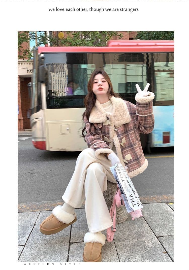 체크무늬 피모 하나 양털 플리스 재킷 여성 짧은 겨울 2026 새로운 폭발 작은 키 양털 면 의류 상세 이미지 27