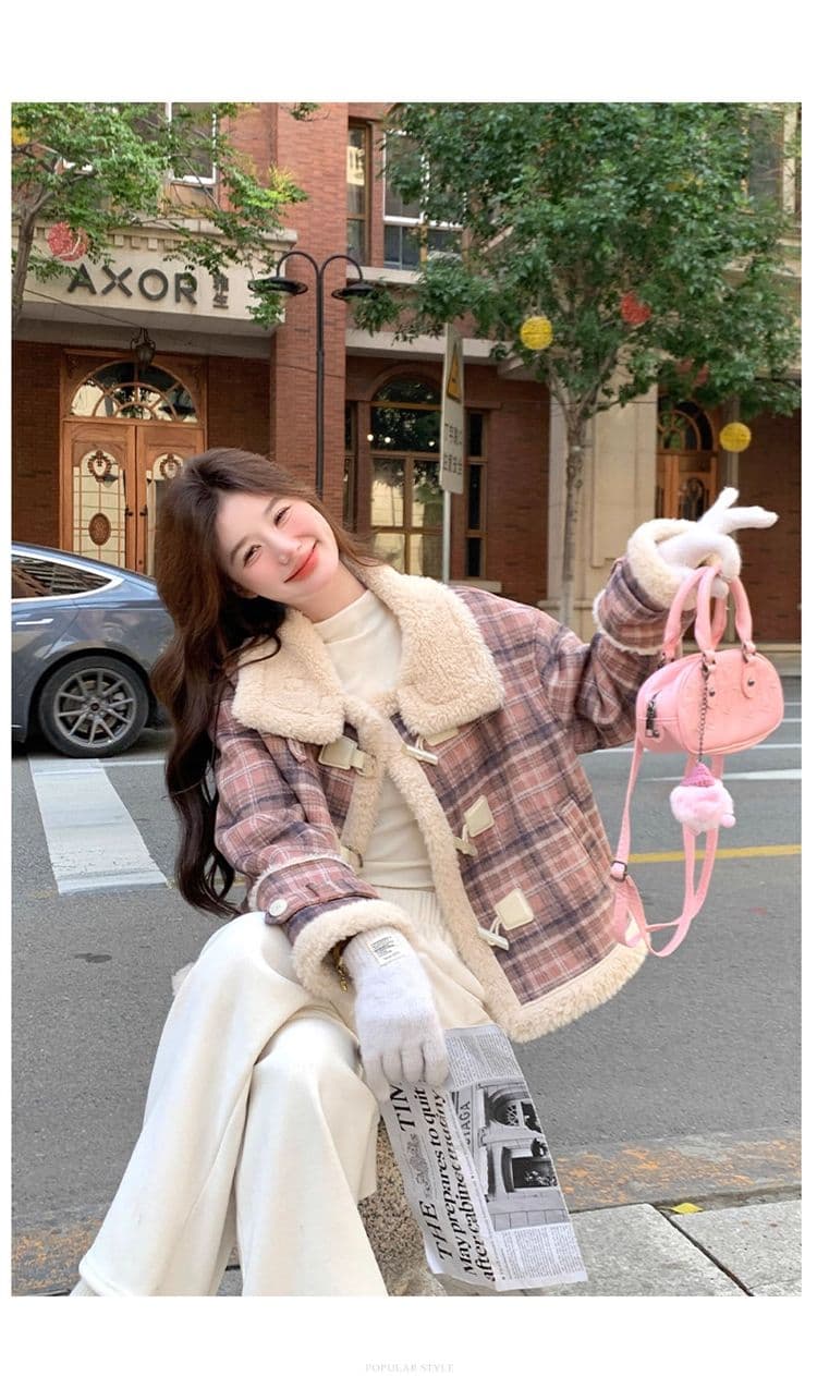 체크무늬 피모 하나 양털 플리스 재킷 여성 짧은 겨울 2026 새로운 폭발 작은 키 양털 면 의류 상세 이미지 28