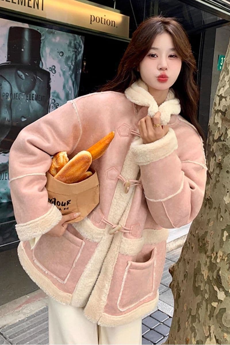 핑크색 양털 여성 코트 겨울 2026 새로운 고급 센스 털이 있고 두꺼운 피모 하나 재킷 면 의류 이미지 2