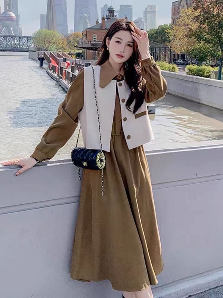2026 봄 가을 새로운 프랑스식 품격 슬림해 보이는 고급 센스 작은 대중 디자인 베스트 긴팔 드레스 두 조각 여성 세트 이미지 2
