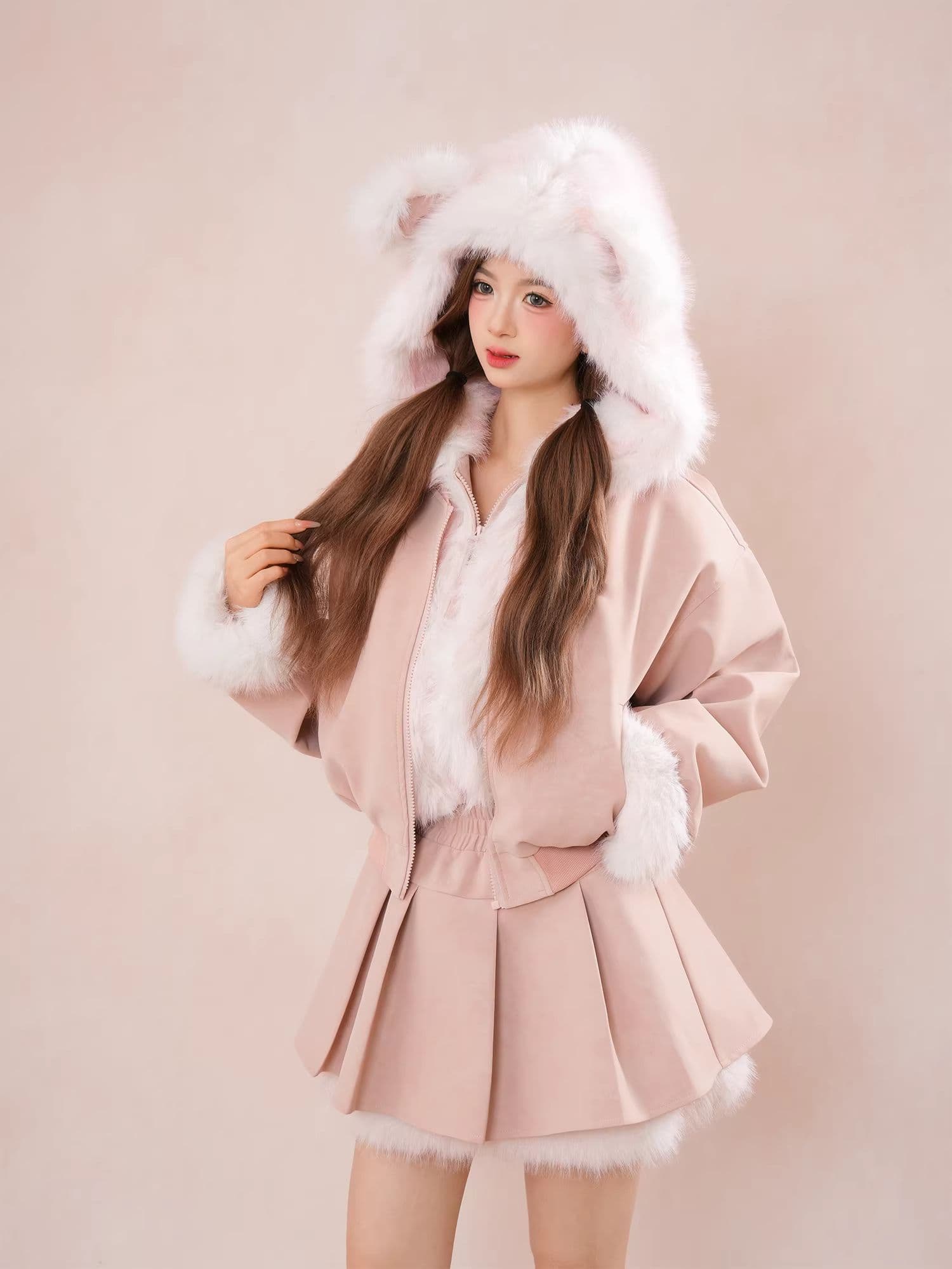 핑크색 강아지 귀 큰 모피 칼라 후드 재킷 플리츠 치마 세트 여성 가을 겨울철 두꺼운 달콤함 쇼트 스타일 재킷