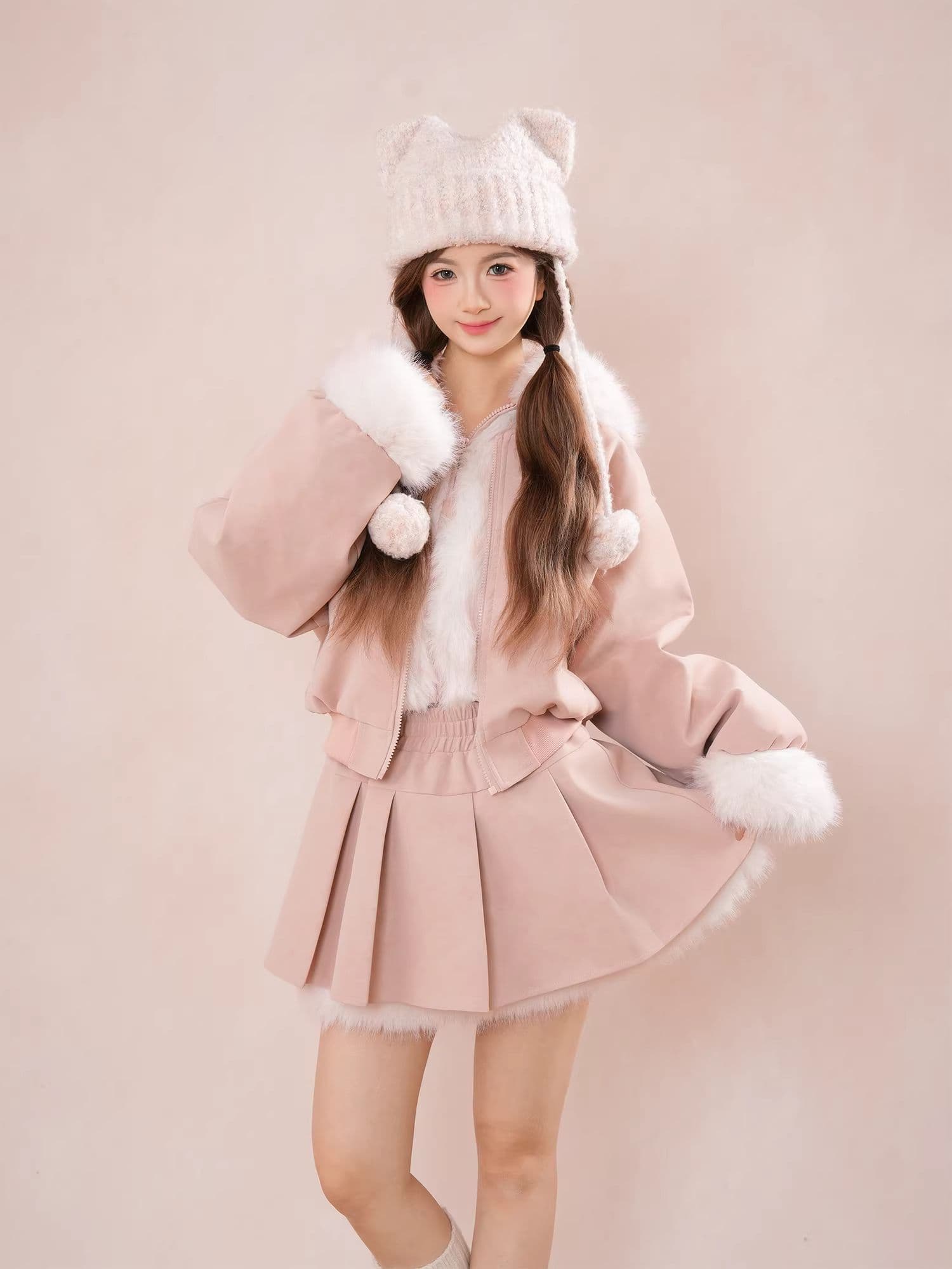 핑크색 강아지 귀 큰 모피 칼라 후드 재킷 플리츠 치마 세트 여성 가을 겨울철 두꺼운 달콤함 쇼트 스타일 재킷 상세 이미지 4