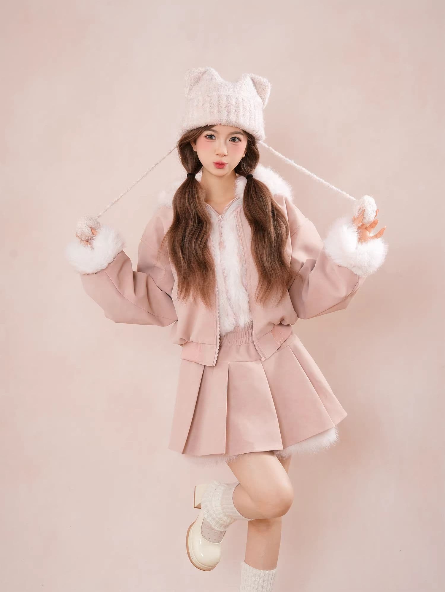 핑크색 강아지 귀 큰 모피 칼라 후드 재킷 플리츠 치마 세트 여성 가을 겨울철 두꺼운 달콤함 쇼트 스타일 재킷 상세 이미지 5