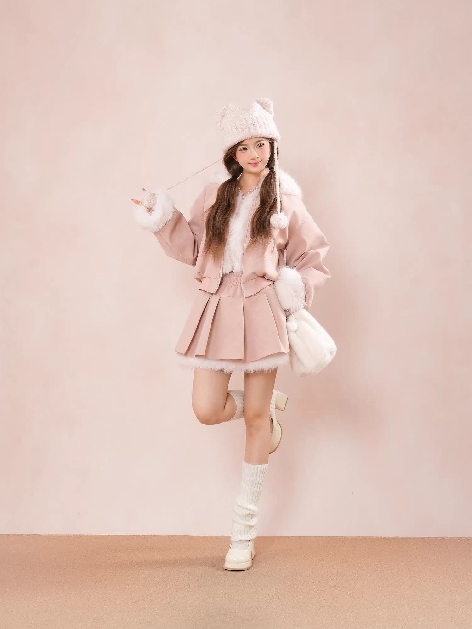 핑크색 강아지 귀 큰 모피 칼라 후드 재킷 플리츠 치마 세트 여성 가을 겨울철 두꺼운 달콤함 쇼트 스타일 재킷 상세 이미지 10