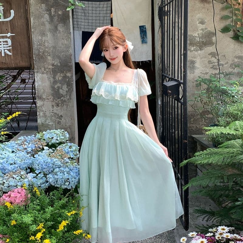박하 녹색 레몬 프랑스식 신선함 소녀 센스 광장 칼라 롱 스커트 하이웨이스트 한 마디 드레스 여름 신선함 미니멀리즘 치마 이미지 4
