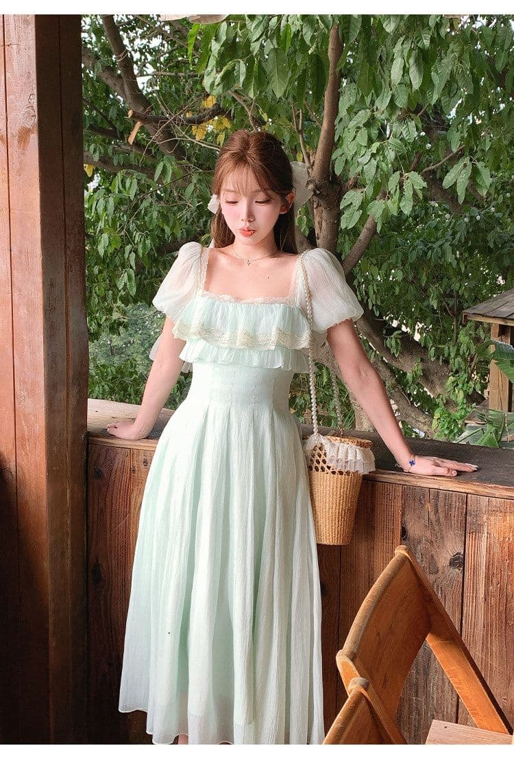 박하 녹색 레몬 프랑스식 신선함 소녀 센스 광장 칼라 롱 스커트 하이웨이스트 한 마디 드레스 여름 신선함 미니멀리즘 치마 상세 이미지 7