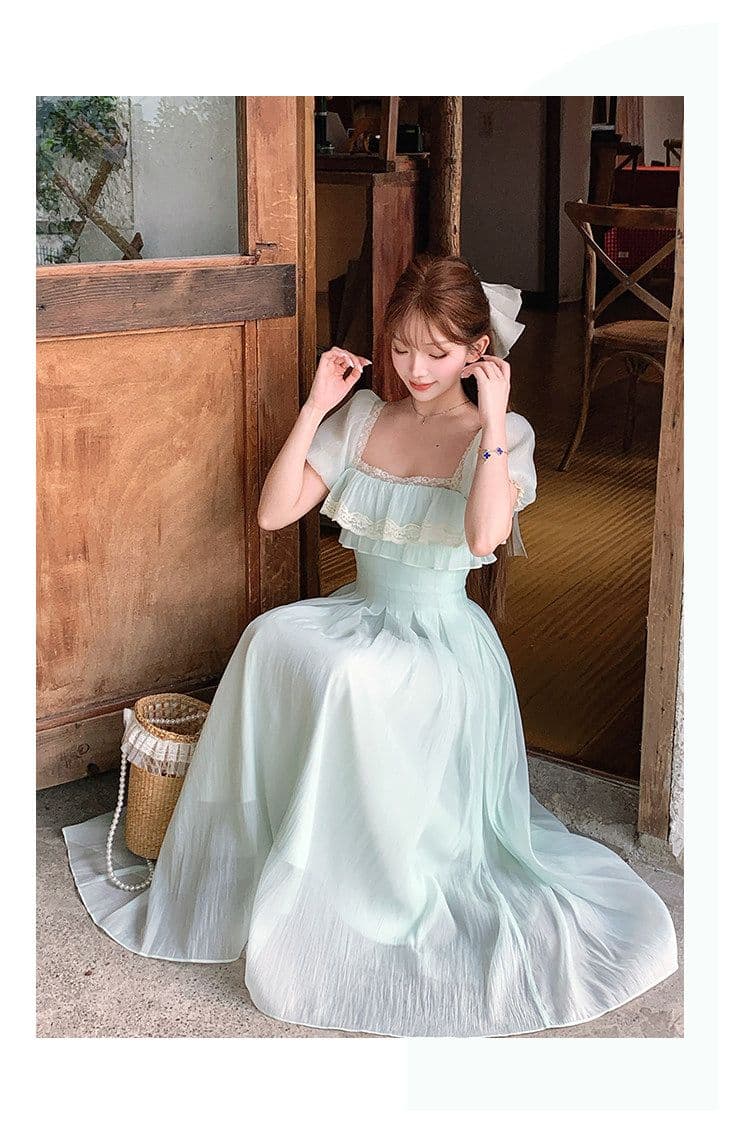 박하 녹색 레몬 프랑스식 신선함 소녀 센스 광장 칼라 롱 스커트 하이웨이스트 한 마디 드레스 여름 신선함 미니멀리즘 치마 상세 이미지 8