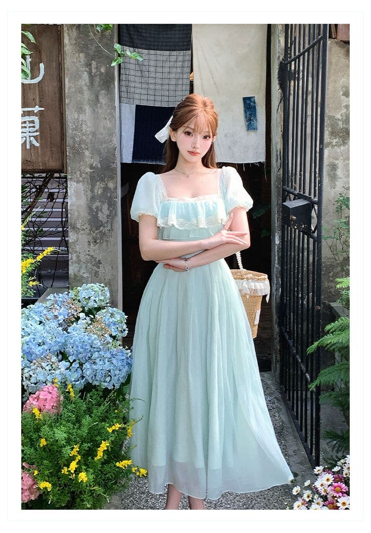 박하 녹색 레몬 프랑스식 신선함 소녀 센스 광장 칼라 롱 스커트 하이웨이스트 한 마디 드레스 여름 신선함 미니멀리즘 치마 상세 이미지 9