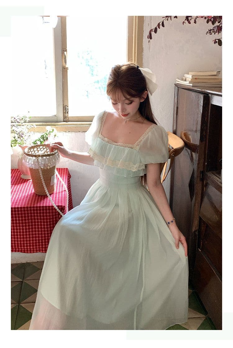 박하 녹색 레몬 프랑스식 신선함 소녀 센스 광장 칼라 롱 스커트 하이웨이스트 한 마디 드레스 여름 신선함 미니멀리즘 치마 상세 이미지 12