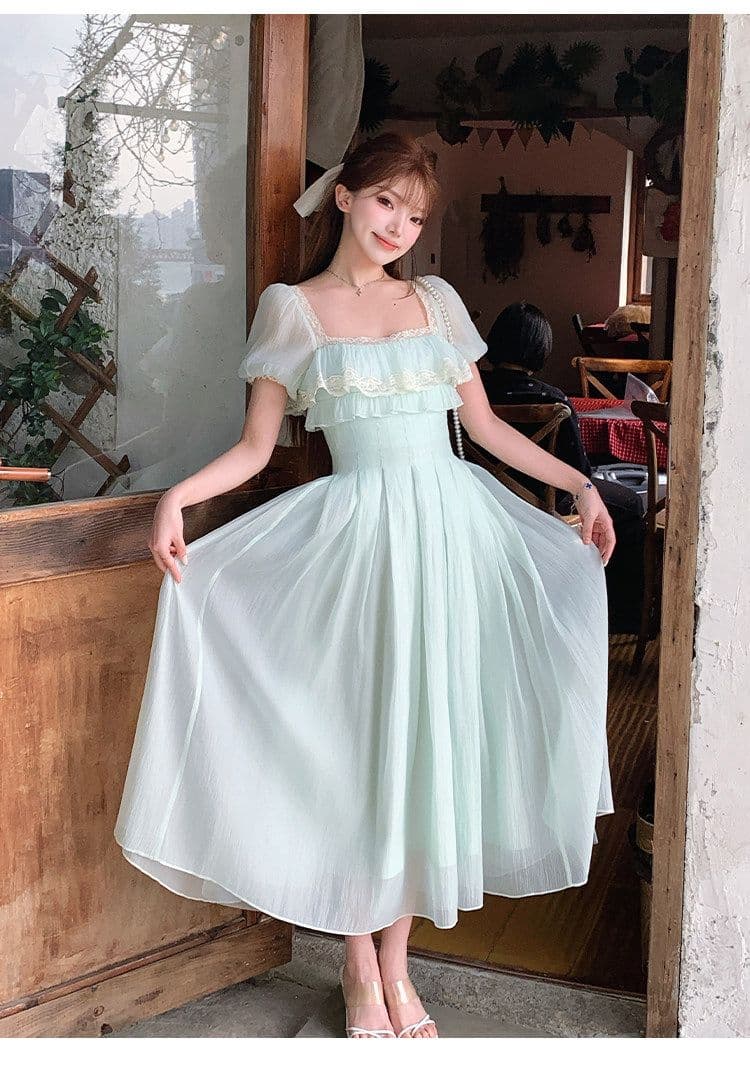 박하 녹색 레몬 프랑스식 신선함 소녀 센스 광장 칼라 롱 스커트 하이웨이스트 한 마디 드레스 여름 신선함 미니멀리즘 치마 상세 이미지 13