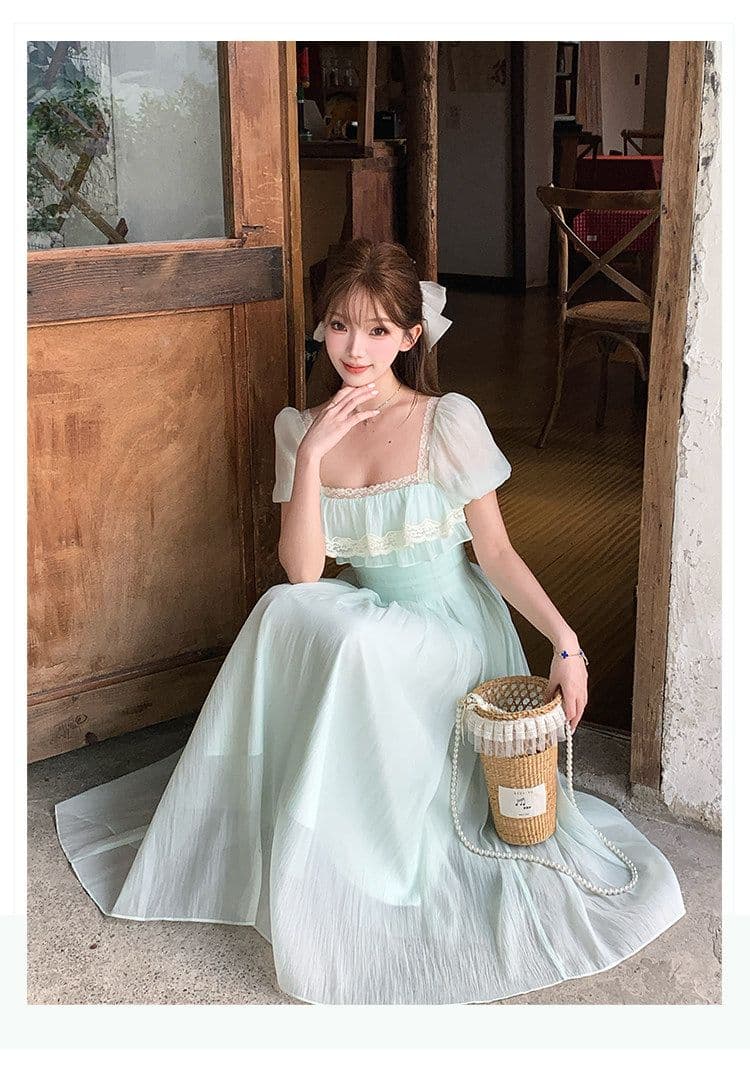 박하 녹색 레몬 프랑스식 신선함 소녀 센스 광장 칼라 롱 스커트 하이웨이스트 한 마디 드레스 여름 신선함 미니멀리즘 치마 상세 이미지 16