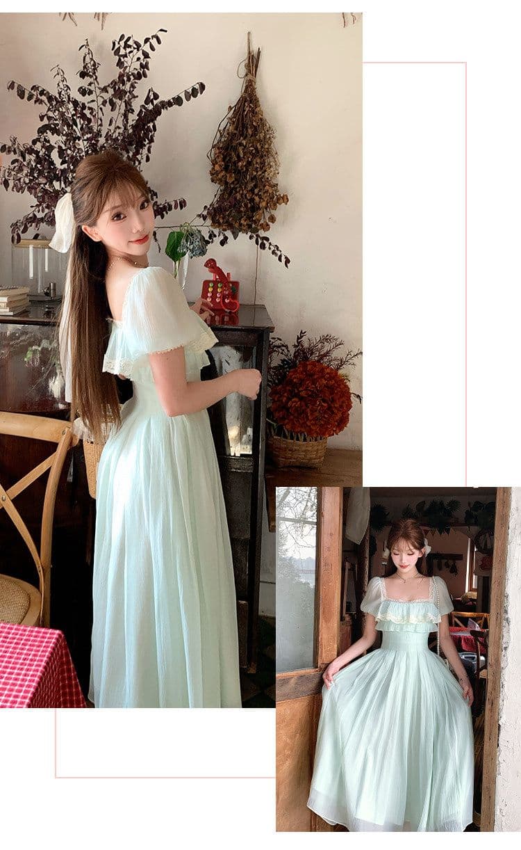 박하 녹색 레몬 프랑스식 신선함 소녀 센스 광장 칼라 롱 스커트 하이웨이스트 한 마디 드레스 여름 신선함 미니멀리즘 치마 상세 이미지 19