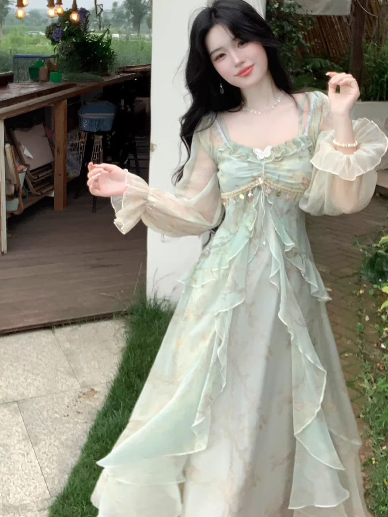 프랑스식 차 휴식 순수한 욕망 바람 공주 롱 스커트 순수한 욕망 요정 가스 회색 헤일로 염색 프릴 흐릿한 미적 감각 여성 드레스 이미지 2