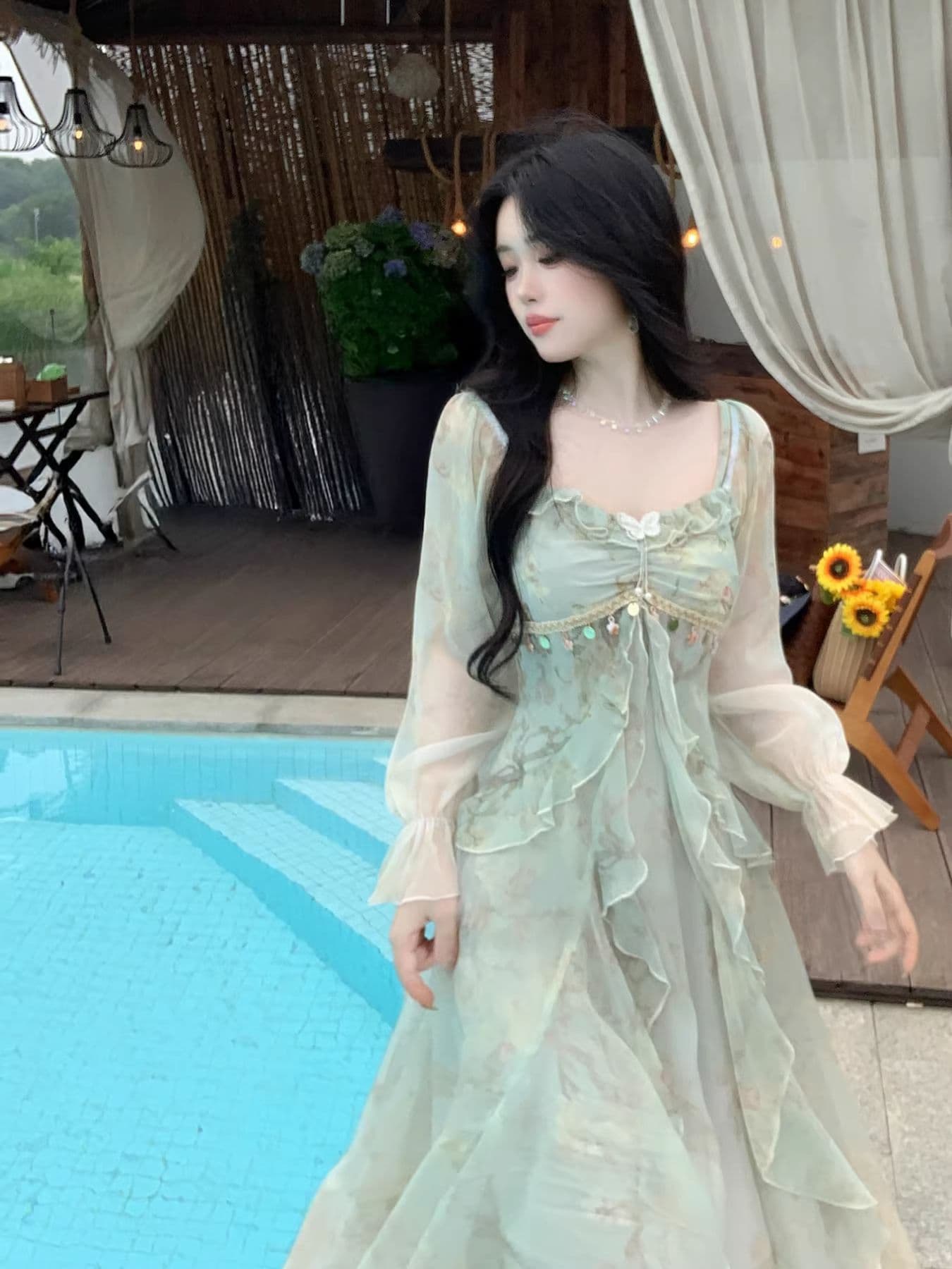 프랑스식 차 휴식 순수한 욕망 바람 공주 롱 스커트 순수한 욕망 요정 가스 회색 헤일로 염색 프릴 흐릿한 미적 감각 여성 드레스 이미지 4