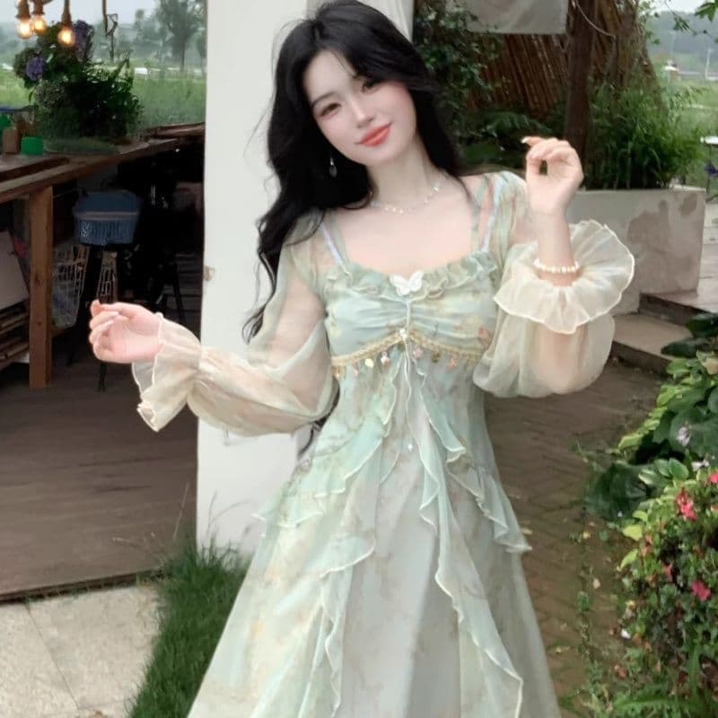 프랑스식 차 휴식 순수한 욕망 바람 공주 롱 스커트 순수한 욕망 요정 가스 회색 헤일로 염색 프릴 흐릿한 미적 감각 여성 드레스 상세 이미지 6