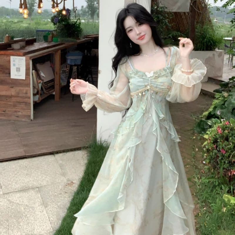 프랑스식 차 휴식 순수한 욕망 바람 공주 롱 스커트 순수한 욕망 요정 가스 회색 헤일로 염색 프릴 흐릿한 미적 감각 여성 드레스 상세 이미지 7