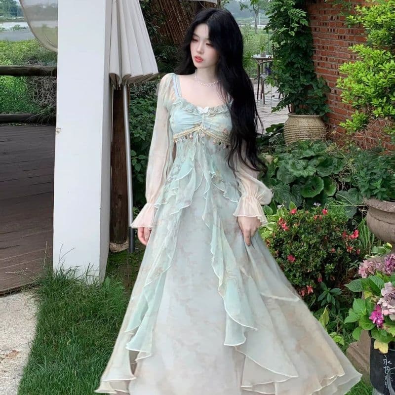 프랑스식 차 휴식 순수한 욕망 바람 공주 롱 스커트 순수한 욕망 요정 가스 회색 헤일로 염색 프릴 흐릿한 미적 감각 여성 드레스 상세 이미지 8