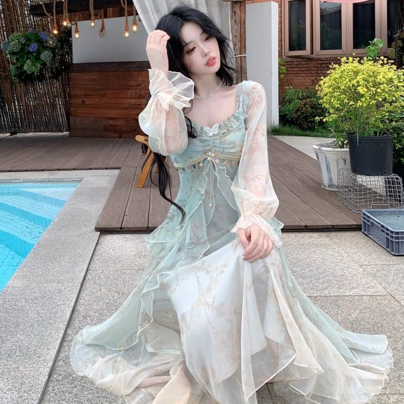 프랑스식 차 휴식 순수한 욕망 바람 공주 롱 스커트 순수한 욕망 요정 가스 회색 헤일로 염색 프릴 흐릿한 미적 감각 여성 드레스 상세 이미지 9