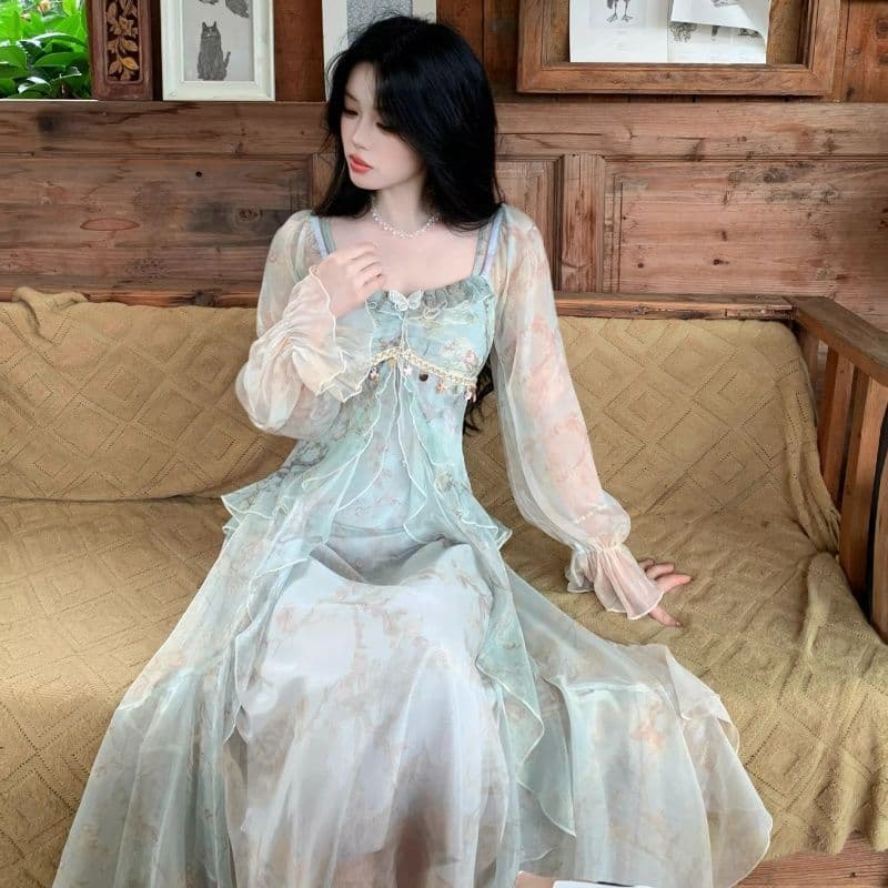 프랑스식 차 휴식 순수한 욕망 바람 공주 롱 스커트 순수한 욕망 요정 가스 회색 헤일로 염색 프릴 흐릿한 미적 감각 여성 드레스 상세 이미지 10