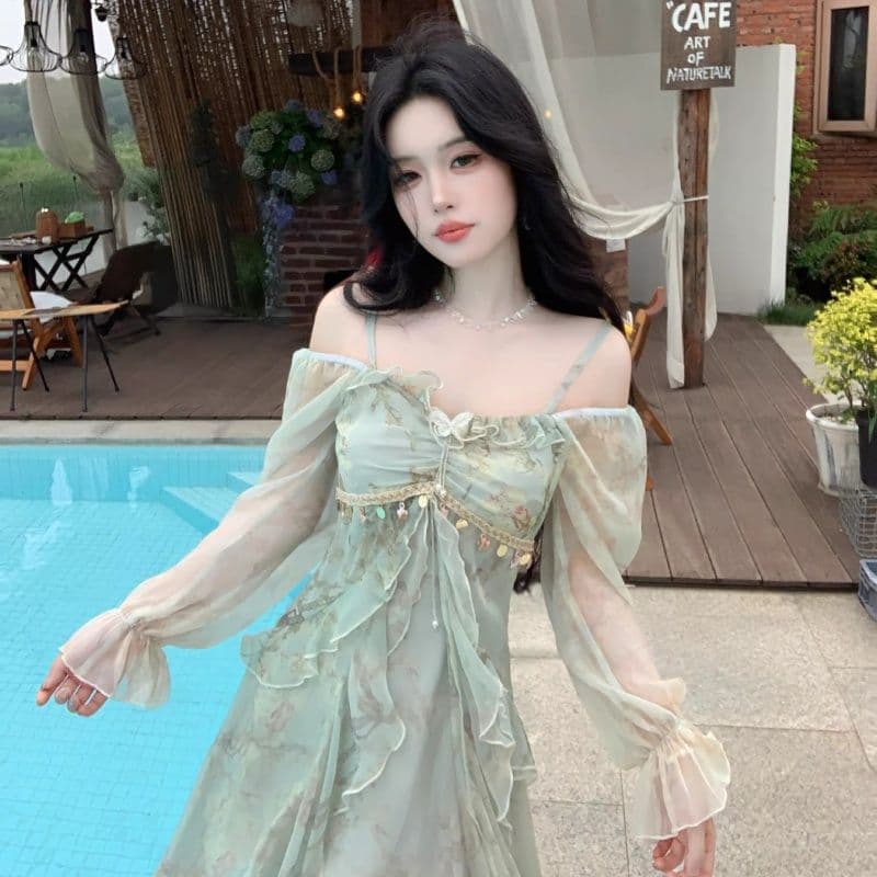 프랑스식 차 휴식 순수한 욕망 바람 공주 롱 스커트 순수한 욕망 요정 가스 회색 헤일로 염색 프릴 흐릿한 미적 감각 여성 드레스 상세 이미지 13