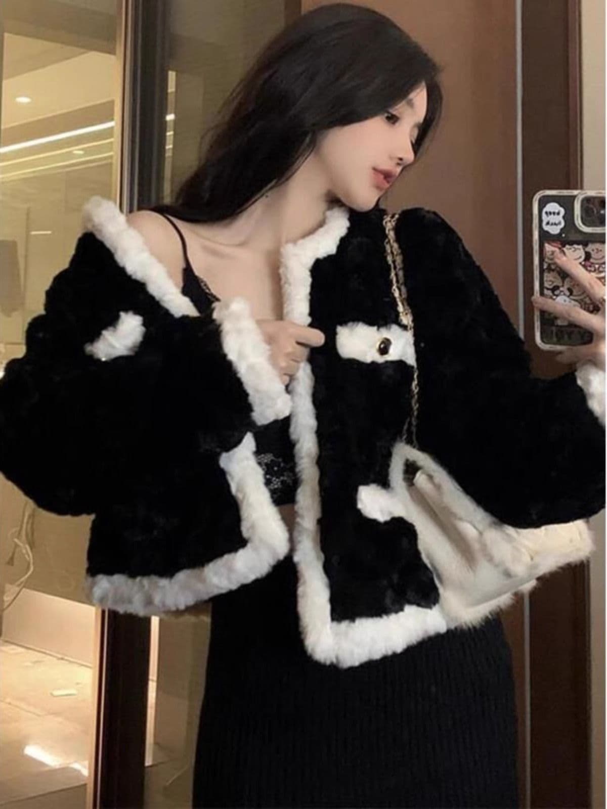 작은 샤넬 스타일 검정색 어린 양 플리스 여성 코트 봄 가을 겨울 고급 디자인 센스 작은 대중 튀김 거리 털이 많은 맨위 이미지 2