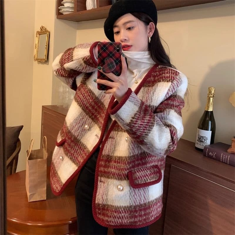 작은 샤넬 스타일 솜을 넣은 두꺼운 모직 여성 코트 겨울 빅 사이즈 통통한 여동생 품격 슬림해 보이는 하운드투스 체크 모직 코트 이미지 2