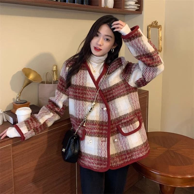 작은 샤넬 스타일 솜을 넣은 두꺼운 모직 여성 코트 겨울 빅 사이즈 통통한 여동생 품격 슬림해 보이는 하운드투스 체크 모직 코트 상세 이미지 2