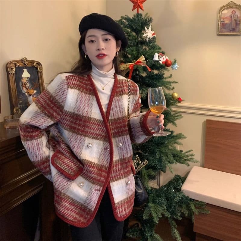 작은 샤넬 스타일 솜을 넣은 두꺼운 모직 여성 코트 겨울 빅 사이즈 통통한 여동생 품격 슬림해 보이는 하운드투스 체크 모직 코트 상세 이미지 4