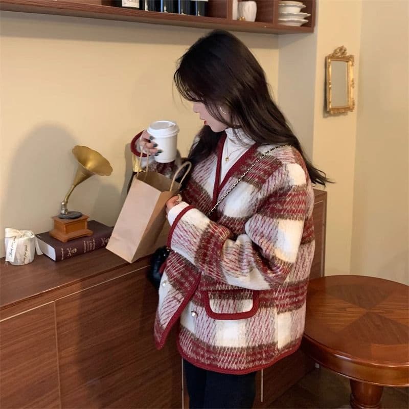 작은 샤넬 스타일 솜을 넣은 두꺼운 모직 여성 코트 겨울 빅 사이즈 통통한 여동생 품격 슬림해 보이는 하운드투스 체크 모직 코트 상세 이미지 5