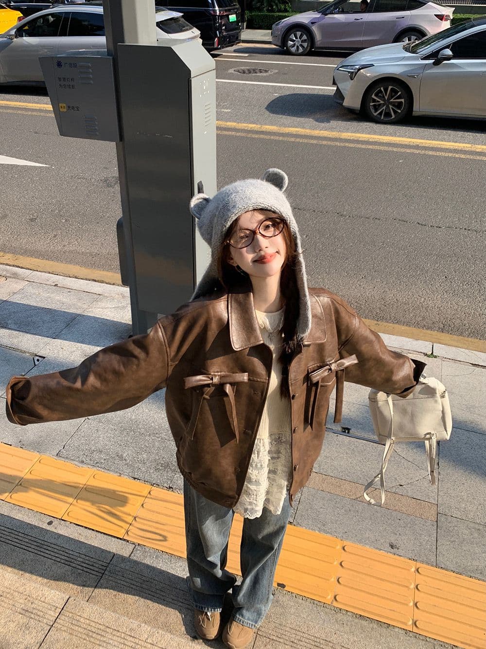 pphome 아름다움 라드. 레트로 나비 매듭 가죽 재킷 여성 코트 가을 겨울 아메리칸 핫걸 캐주얼 루즈핏 재킷 맨위 상세 이미지 5