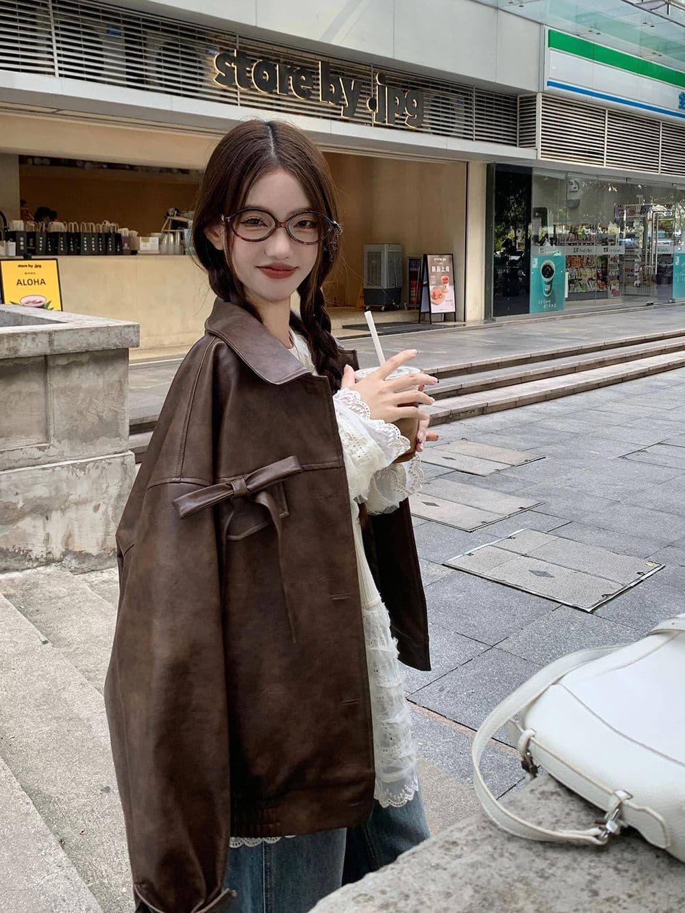 pphome 아름다움 라드. 레트로 나비 매듭 가죽 재킷 여성 코트 가을 겨울 아메리칸 핫걸 캐주얼 루즈핏 재킷 맨위 상세 이미지 9