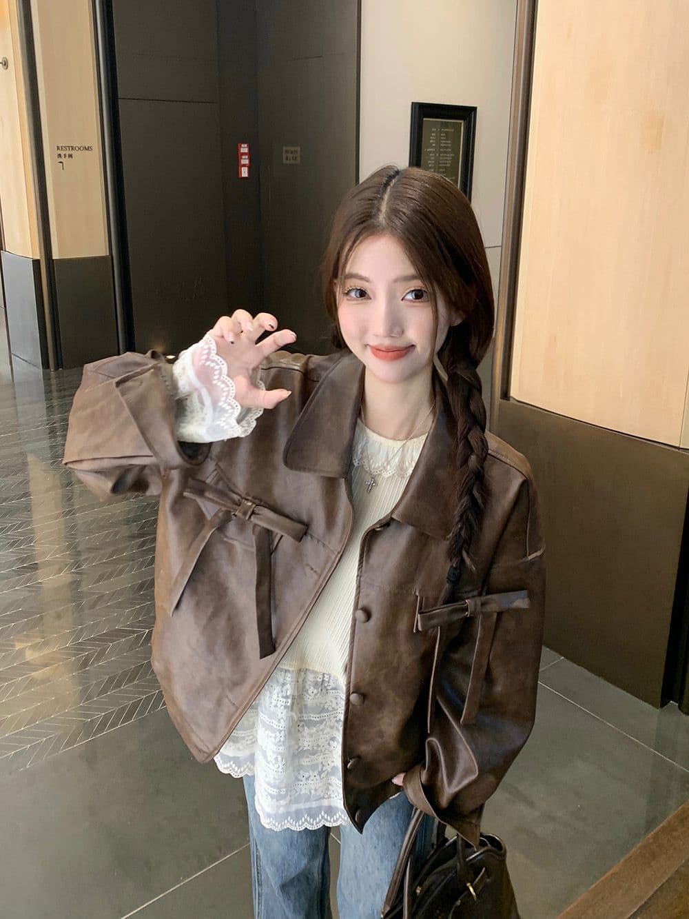 pphome 아름다움 라드. 레트로 나비 매듭 가죽 재킷 여성 코트 가을 겨울 아메리칸 핫걸 캐주얼 루즈핏 재킷 맨위 상세 이미지 10