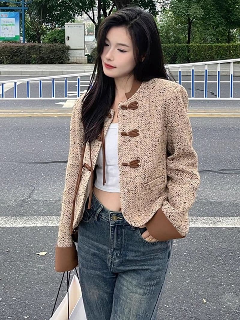 새로운 중식 단추 작은 샤넬 스타일 고급 센스 고유 한 패치워크 레트로 품격 명문 여성 올해 인기 아름다운 여성 코트